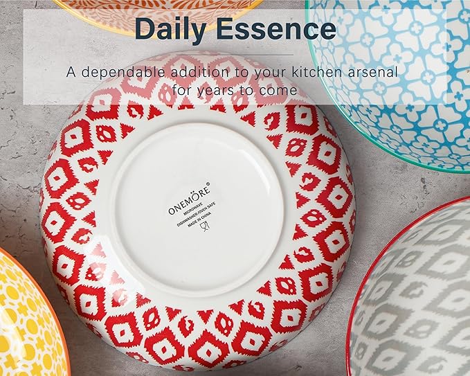 ONEMORE Colorful Pasta Bowls Set of 6, 36oz - Oven/Microwave/Dishwasher Safe Ceramic Wide Bowl for Dinner - Stackable, Scratch Resistant - Assorted Colors