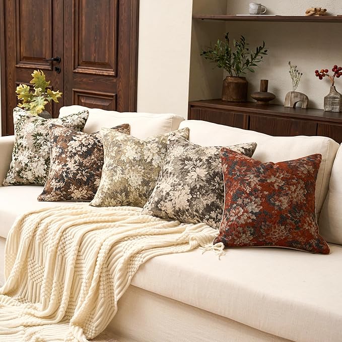 Yangest Neutral Floral Pillow Cover 18 x18 Inches, Vintage Chenille Square Throw Pillow Cover Soft Decorative Farmhouse Accent Couch Pillow Cover for Living Room Bedroom, Green