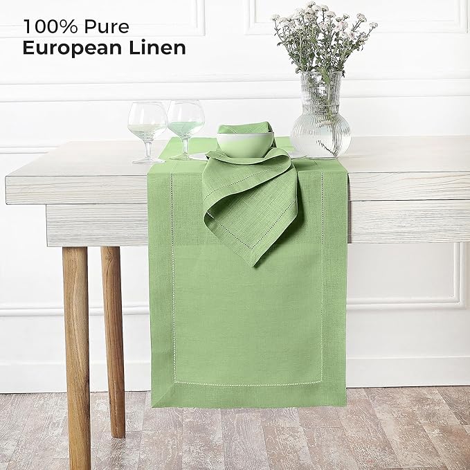 D'Moksha Homes Linen Sage Green Table Runner 132 Inches Long - 100% Pure Linen Extra Long Table Runner 14 x 132 Inch for Spring, St Patricks Day, Easter - Classic Hemstitch