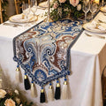 Wedding Table Runner 48“ Navy Blue and White Tassels by Jiino