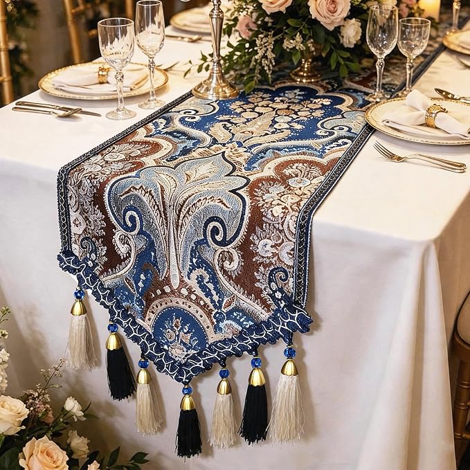 Victorian Jacquard Table Runner 63" Navy Blue by Jiino