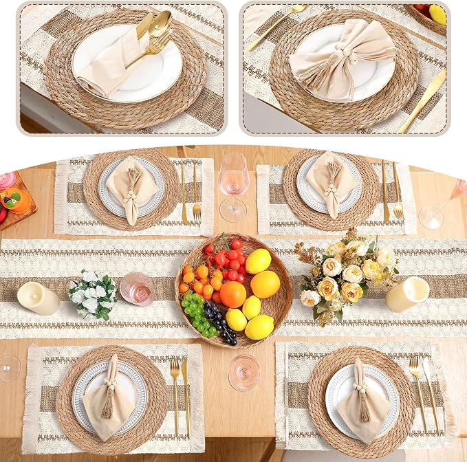 6 Sets Boho Decoration Placemats Round Woven Placemats, Cloth Napkins, Wood - Image 5