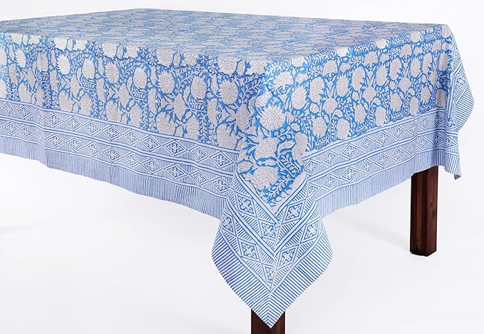 ATOSII Azora Blue 100% Cotton Square Summer Tablecloth, Block Print Floral Table Cloth for Dining, Outdoors, Parties, Weddings I Grand Millenial Decor 60 X 60 Inches I 4 Seater