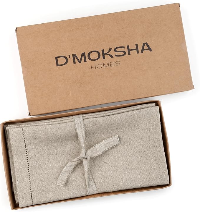 D'Moksha Homes Natural Linen Napkins Set of 6 - Classic Hemstitch 100% Pure Linen Hemstitch Dinner Napkins 20 x 20 Inch for Valentines, Spring, Easter - Handcrafted and Machine Washable