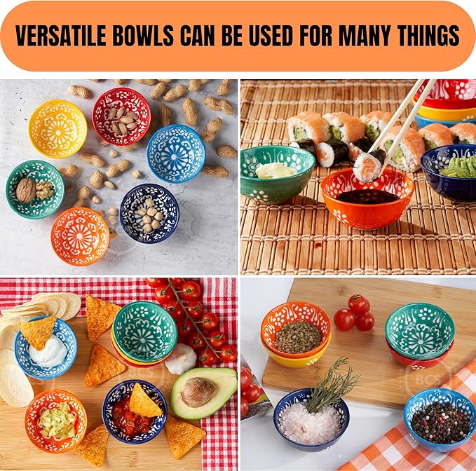 BCS Ceramic Salsa Bowls Set of 6 Small Pinch Bowls for Dipping, Cooking Prep & Charcuterie Board, Soy Sauce Dish, Multicolor Handmade Decorative Mini Serving Dishes Dishwasher Safe (3.2''-3 oz)
