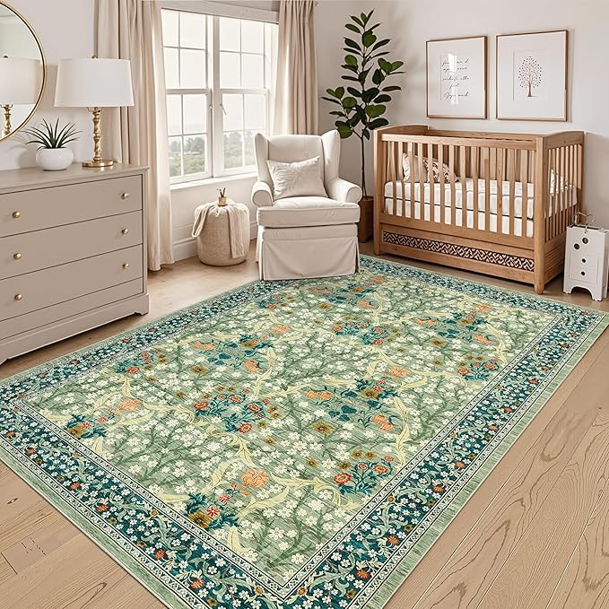 GarveeHome Washable Rug for Living Room, 9x12 Large Area Rug for Dining Room Under Table, Bedroom, Floral Soft Low Pile Non Slip Stain Resistant Carpet for Nursery, Playroom, Office, Sage Green