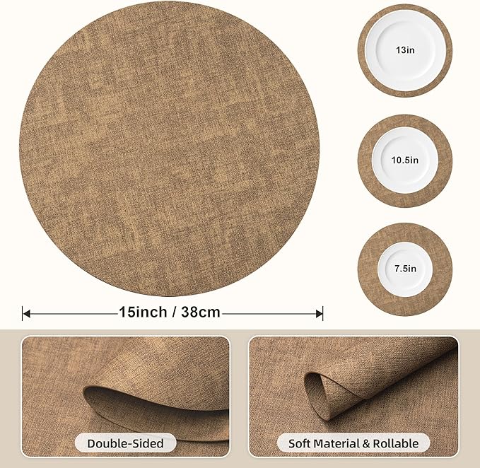 15 inch Faux Leather Round Placemats Set of 4 Non-Slip Washable Wipeable Table Mats, Heat Resistant Waterproof Oilproof Brown Place Mats for Kitchen, Dining, Party, Indoor, Outdoor