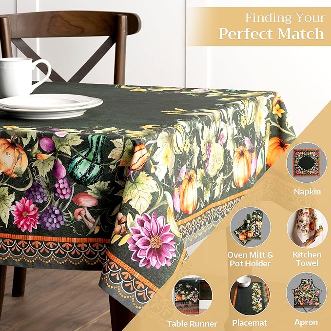 Maison d' Hermine Table Cloth Rectangle Table 100% Cotton 60 x 90 Inches Fall Tablecloth Reusable Everyday Use for Thanksgiving Christmas Decorations Dining Farmhouse (Pumpkin Garden - Dark Green)