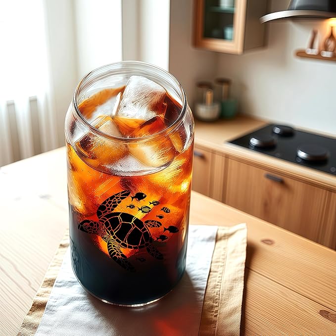 Cute Turtle Glass Cup With Lids And Straws, Turtle Gift For Women, IIced, Coffee, Smoothie, Cocktail, Beer, Whiskey, Soda, Matcha,16 Oz, Home Office Table Desk Decoration!