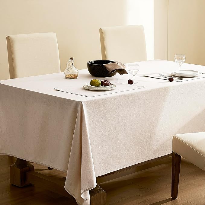 Beige Textured Linen Tablecloth Rectangle Farmhouse Boho Rustic Table Cover for 8 Foot Tables Heavy Duty Washable Camping 8ft Table Cloths for Rectangle Oblong Tablecloth 60x104 Inch