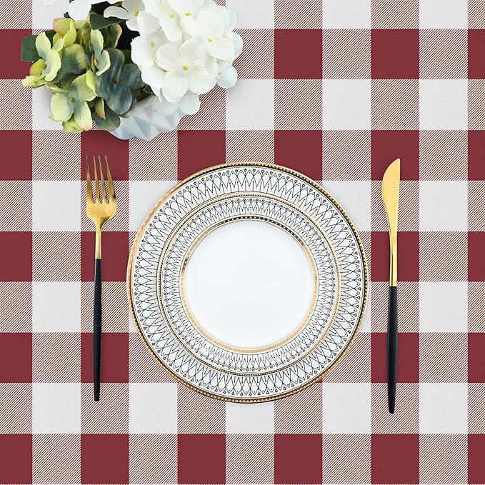 misaya Rectangle Waterproof Vinyl Table Cloth, Buffalo Flannel Backed Tablecloth, Wipeable Plastic Table Cover for Valentine's Day, Dinner, Kitchen, Outdoor (52" x 70", Burgundy and White)