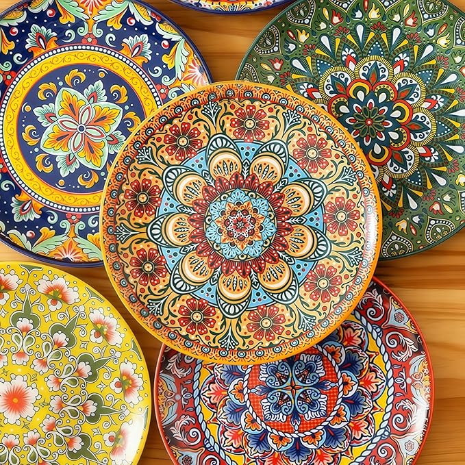 6piece Bohemian ceramic plates 8inch pasta plates spacious, suitable for microwave oven and dishwasher perfect for holiday parties and family gatherings