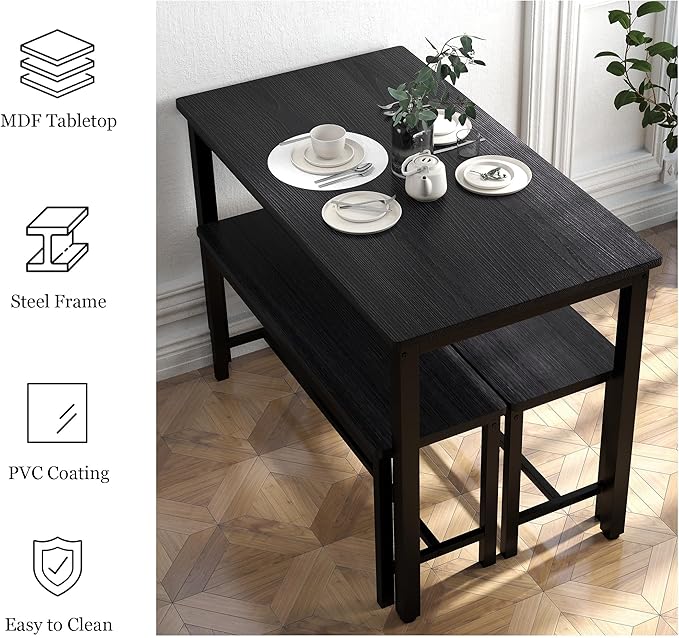 Sturdy Durable Dining Table Set for 4 with Bench, Easy to Assemble Kitchen Table with Bench, Space-Saving Ideal 4-Person Set for Daily Meals, brunches, or workspace,Black