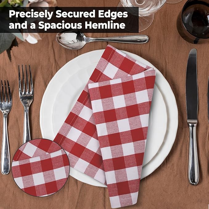 Urban Villa Cloth Napkins Set of 12 20x20 Inches 100% Cotton Napkins Cloth Washable Durable Reusable Absorbent Table Dinner Napkins Cloth for Farmhouse Party Hotel Lunch Restaurant Napkins - Red White