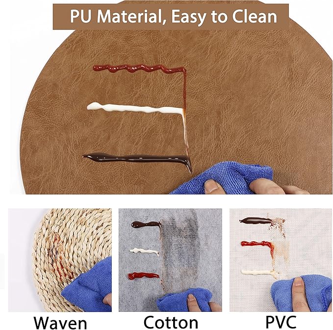 Jovono Embossed PU Leather Placemats, Waterproof Coffee Coasters, Kitchen Table Mats, Easy to Wipe Off for Dining Round Table
