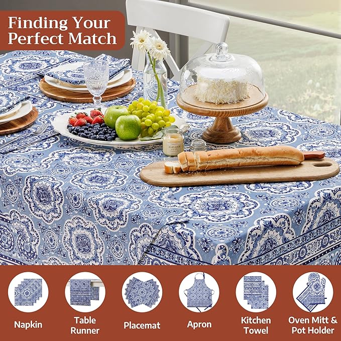 Maison d' Hermine Table Cloth Rectangle Table 100% Cotton 54 x 72 Inches Tablecloth Reusable Decorative for Dining Room Farmhouse Home Valentines Day Decorations Spring Summer - Melodie Bleue