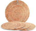 Vagabond House Large Woven Rattan Placemats Set of 4, Durable Wicker Placemats with Pewter Anchor Accent, Quality Rattan Chargers, Ideal for Coastal Beach Home
