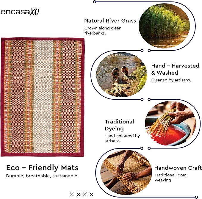 Encasa XO Woven Black Placemats Set of 4 – 12" x 17" | Handwoven Madurkathi Grass Table mats for Dining Table, Kitchen & Outdoor Decor | Durable & Heat‑Resistant