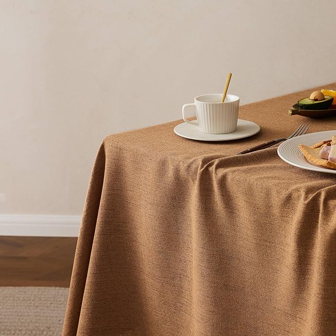 Linen Tablecloth for Rectangle Table, 60x104 Inch Caramel, Farmhouse Style Brown Tablecloth, Water Resistant Burlap Tablecloths for Dining Table Farmhouse Kitchen
