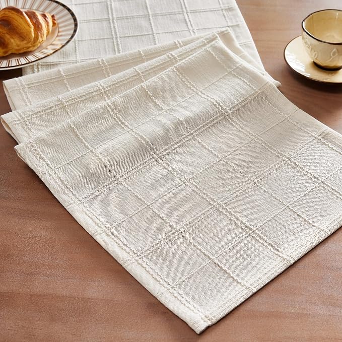 Linen Checked Farmhouse Table Runner, 13x48 Inches Ivory | Raised Grid Design by ZEEMARTONLINE