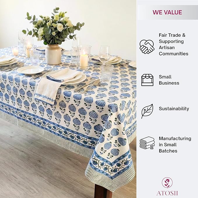 ATOSII Roma Blue 100% Cotton Boho Rectangle Fall Tablecloth, Handblock Floral Print Table Cloth Linen for Kitchen Dining I Parties Outdoors Weddings Holidays I Decor 72 X 108 Inches I 8 Seater