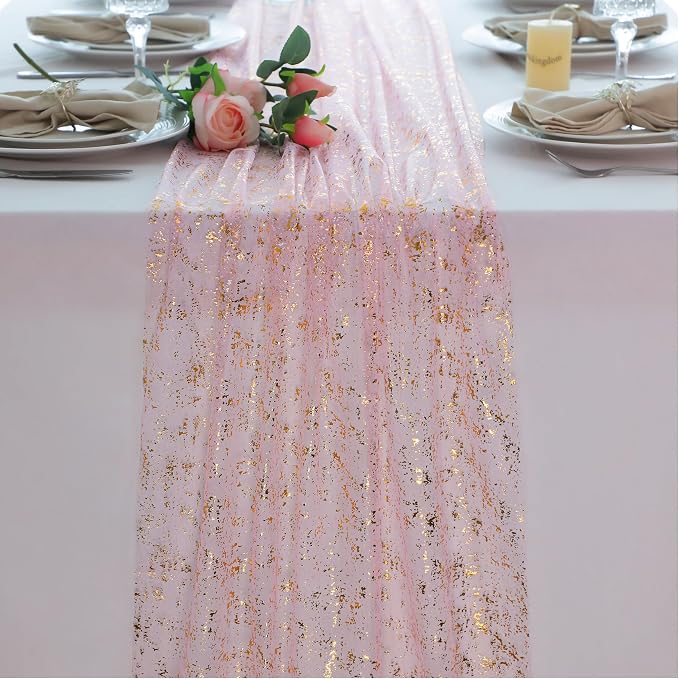 Snowkingdom Blush Gold Table Runner Gauze Sheer Tulle 10FT 120 Inch by Snowkingdom