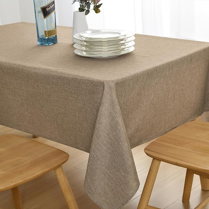 JIUZHEN Rectangle Table Cloth Faux Linen Farmhouse Tablecloth Wrinkle and Stain Resistant Decorative Fabric Table Cover for Kitchen, Dining Room, Parties and Camping, Khaki, 54 x 80 Inch