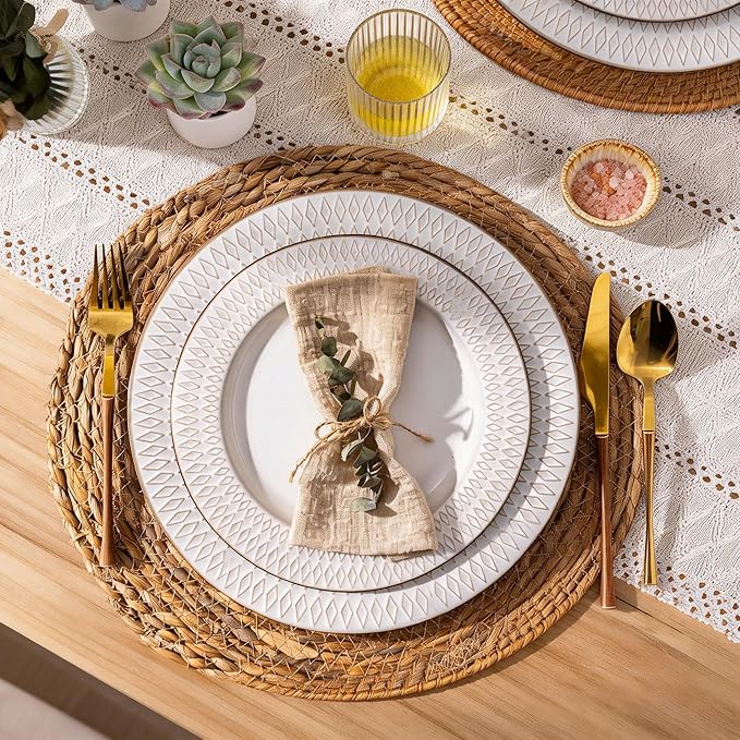 GBHOME Ceramic Dinnerware Sets,18 pcs Embossed Elegant Stoneware Plates and Bowls Sets, Housewarming Wedding Gift | Dishwasher & Microwave Safe | Dishes Set Service for 6
