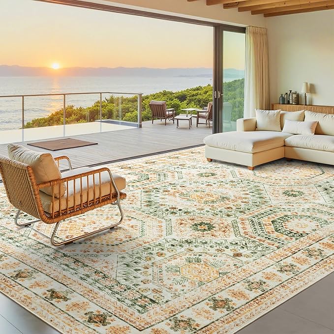 Washable Area Rug 8x10, Large Soft Rugs for Living Room Green Yellow Carpet 8x10 Area Rugs for Bedroom Dining Room Non-Slip Stain Resistant Rug