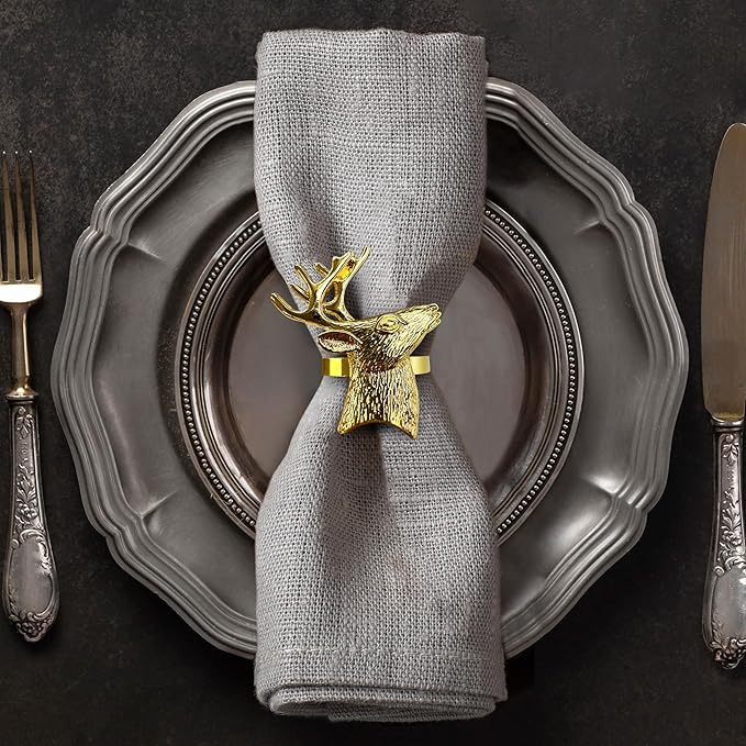 Decozen Set of 16 Gold Napkin Rings in Stag Design, Festive, Table Decor Setting for Holiday, Wedding, Birthday, Kitchen, Home Decor, Housewarming Gift - Thanksgiving & Christmas Gift Decoration