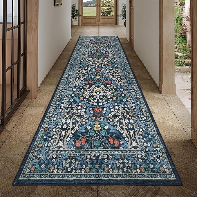 GarveeHome Floral Hallway Runner Rug, 2.5x8 Kitchen Runner Rugs, Washable Non Slip Entryway Rugs Indoor, Ultra-Thin Stain Resistant Carpet Floor Mat for Laundry Room, Dark Blue