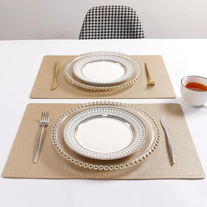 Faux Leather Gold Placemats, PU Table Mats, Set of 4, Waterproof, Heat Resistant, Non-Slip, Easy to Clean for Kitchen Dining Table,Conference Table