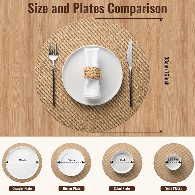 Jovono 15" Faux Leather Big Round Placemats Set of 8 - Washable Heat Resistant Non-Slip Dining Table Mats with Fabric Texture for Kitchen Home Party Decor, Yellow