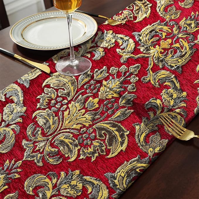 Jacquard Red Table Runner 120" Long Chenille Decor - Image 5