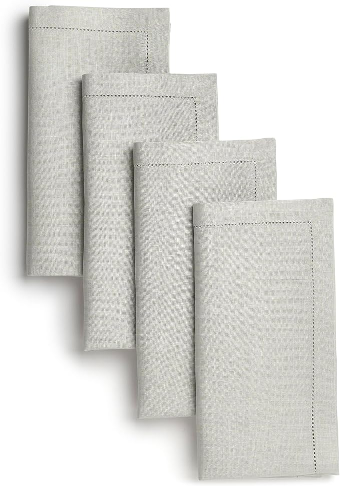 D'Moksha Homes Silver Grey Linen Napkins Set of 4 - Classic Hemstitch 100% Pure Linen Dinner Napkins Cloth 20 x 20 Inch for Spring, Easter - Handcrafted and Machine Washable