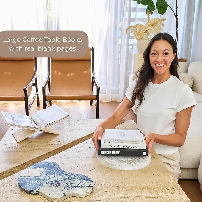 Decorative Coffee Table Books Set of 3 – Neutral Home Décor Beige Hardcovers with Removable Black & White Covers, Real Blank Pages, Modern Room Décor Aesthetic Faux Books for Shelf & Table Styling