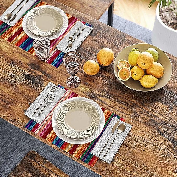 Mexican Placemats Set of 6, Waterproof Linen Fabric, Non-Slip Backing & Easy Clean, Elegant Dining Table Protectors for Family and Guests(Mexican Ethnic Colorful Stripes)