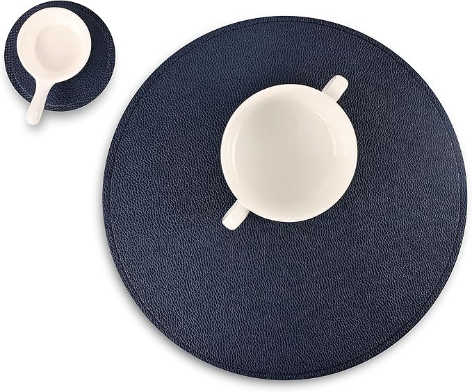 Set of 6 Faux Leather Round Placemats and Coasters, Coffee Mats Kitchen Table Mats, Waterproof, Easy to Clean for Kitchen Dining Round Table