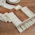 Macrame Style Bicolor Stitching Table Runner 14x108in Caramel | Woven Boho by ZEEMARTONLINE