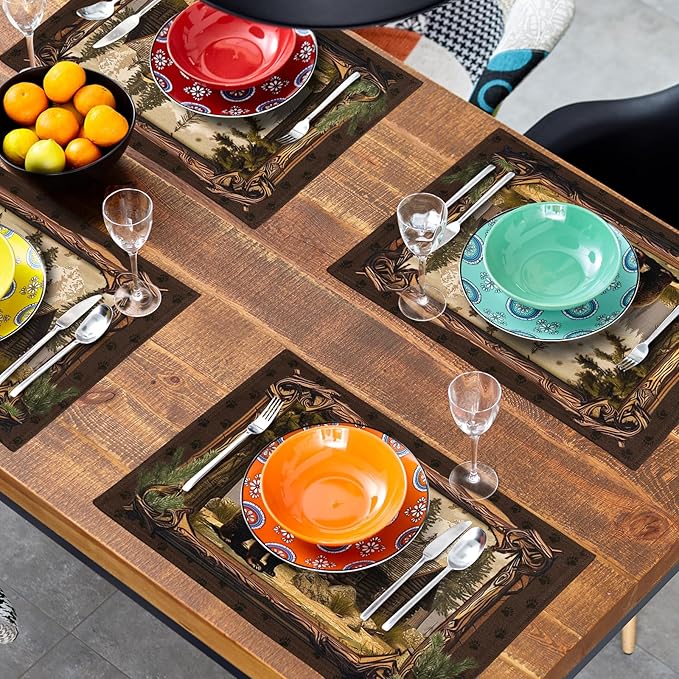 Bear Placemats Set of 4 - Lodge Cabin Place Mats 12x18 Inch Rustic Farmhouse Wild Animal Table Mats Country Woodland Kitchen Mats for Dining Table