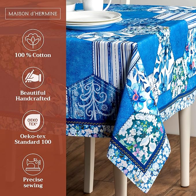 Maison d' Hermine Table Cloth Square Table 100% Cotton 60 x 60 Inches Tablecloth Reusable Decorative for Dining Room Farmhouse Home Valentines Day Decorations Spring Summer - Summer Blues