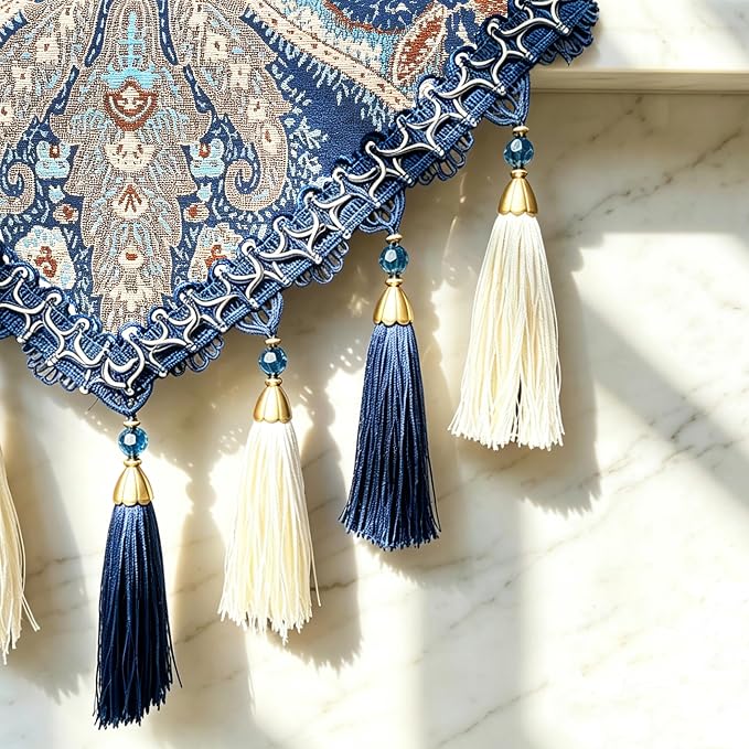 Wedding Table Runner 48“ Navy Blue and White Tassels - Image 3