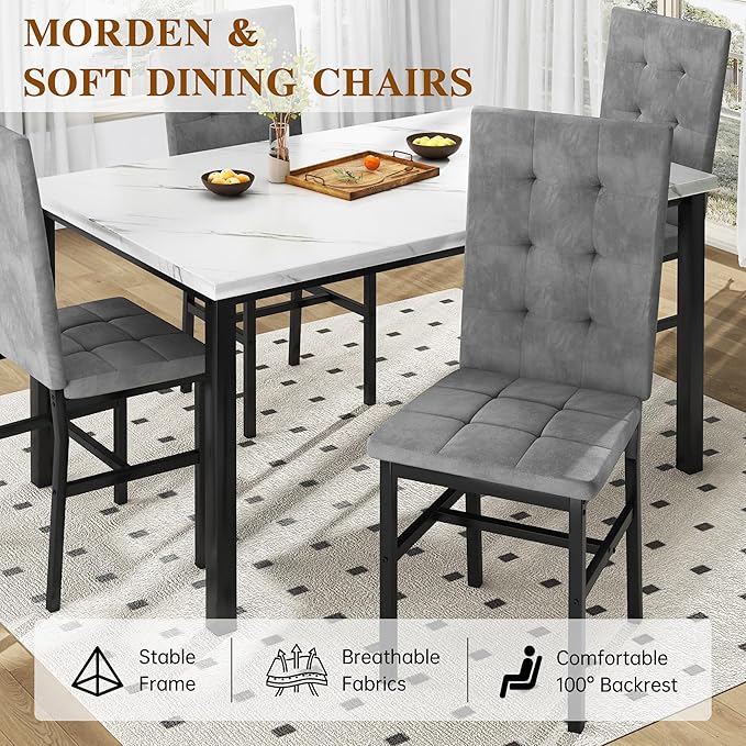 AWQM Dining Table Set for 4,Faux Marble Kitchen Table and Chairs Set of 4, Modern Dining Room Set for 4,Dinner Table Set with Velvet Chairs, Dining Set for Small Spaces,White & Grey