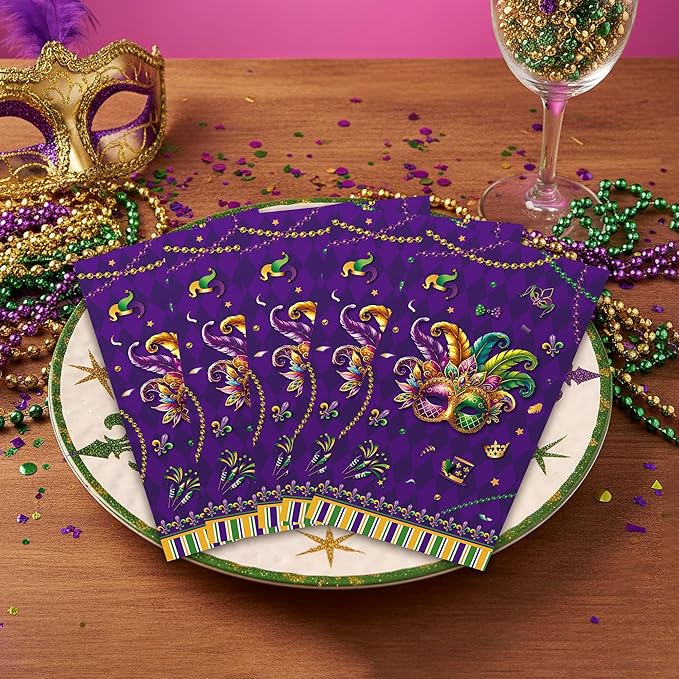 Mardi Party Gras Decorations - 100 Pcs Masquerade Paper Decorative Napkins Set Disposable Purple Crown Mask Dinner Cocktail Bulk Table Gifts Supplies Decor for Decoupage Carnival 7.9 x 4.3 In