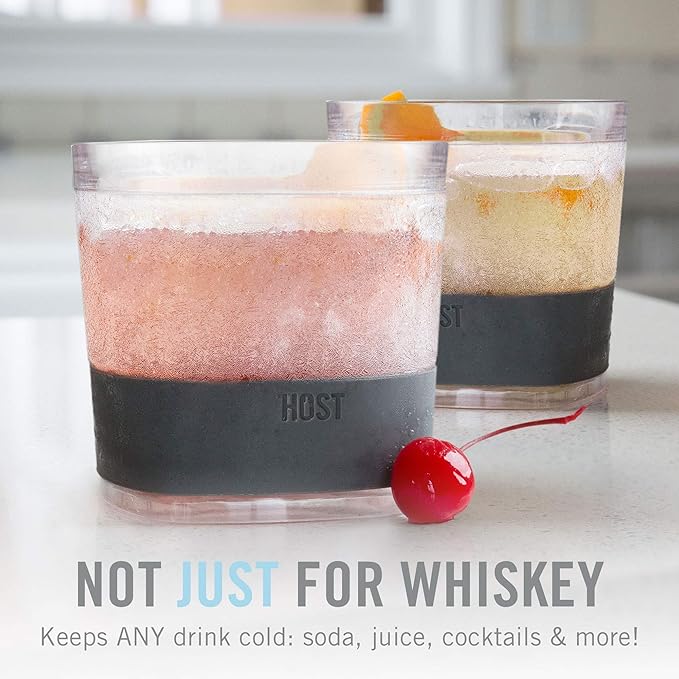 Host Whiskey Freeze Glasses, Double Old Fashioned Glasses with Oak Wood Design Silicone Band, Chill Without Dilution for Bourbon, Vodka, Rum, Bourbon Gifts for Men, Gifts for Him, 9 oz, Set of 2