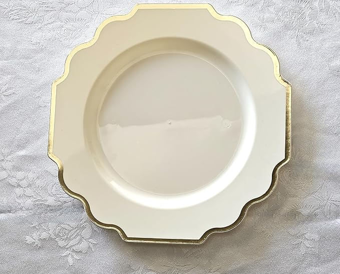 " OCCASIONS " 240 Plates Pack (120 Guests) Heavyweight Wedding Party Disposable Plastic Plates Set -120 x 10.5'' Dinner + 120 x 8'' Salad/Dessert Plate (Imperial Ivory & Gold)