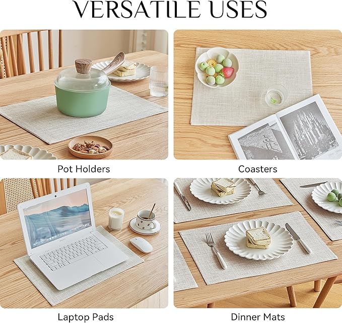 Softalker Faux Linen Placemats Set of 12-12 x 18 Inch, Heat Resistant Double Layered Durable Burlap Farmhouse Place Mats, Non-Slip Washable Rustic Table Mats for Dining, Kitchen, Party（Cream