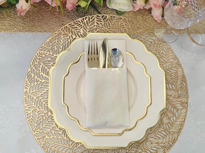 " OCCASIONS " 50 Plates Pack (25 Guests)-Heavyweight Wedding Party Disposable Plastic Plate Set -(25x10.5'' Dinner + 25x8'' Salad/Dessert) (Imperial Ivory & Gold)