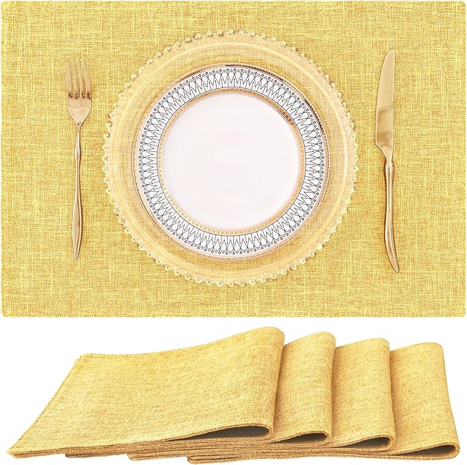 homing Cotton Linen Placemats Set of 4, Cloth Washable Farmhouse Dining Table Mats for Indoors & Outdoors, Easy to Clean, Mustard Yellow, 13 x 19 Inch