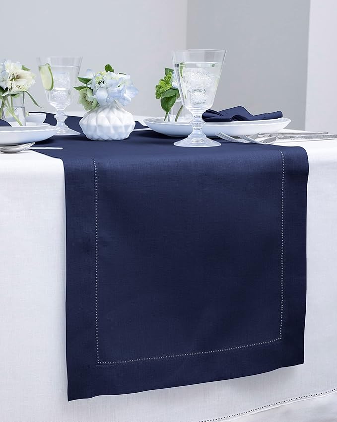 Solino Home Linen Navy Blue Table Runner 48 Inches - Classic Hemstitch, 100% Pure Linen Coffee Table Runner 14 x 48 Inch Ideal for Dresser Tables - Easter